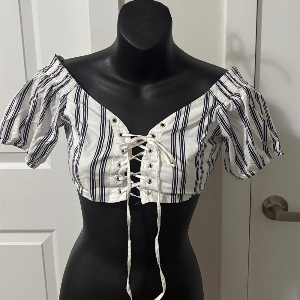 $5 ADD ON Pinstripe Tie Up Crop Top Short Sleeve